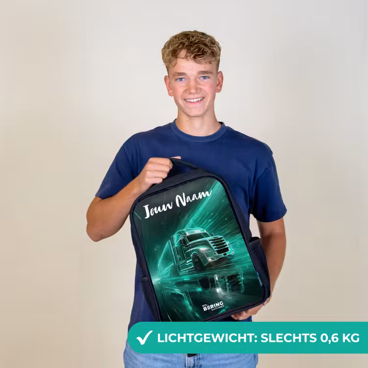 Kinderrugzak met naam - Zwart - Vrachtwagen - Stad - Groen - Neon β 2