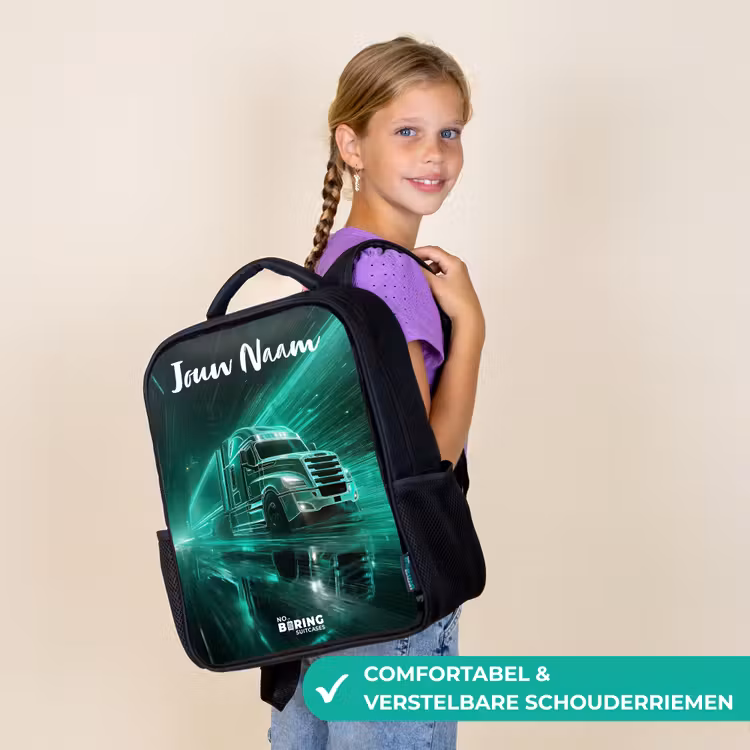 Kinderrugzak met naam - Zwart - Vrachtwagen - Stad - Groen - Neon β 3