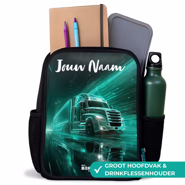 Kinderrugzak met naam - Zwart - Vrachtwagen - Stad - Groen - Neon β 4