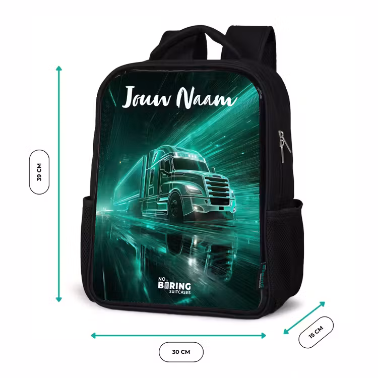 Kinderrugzak met naam - Zwart - Vrachtwagen - Stad - Groen - Neon β 5