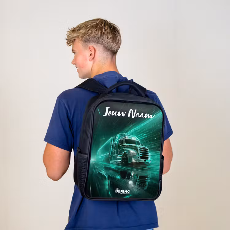Kinderrugzak met naam - Zwart - Vrachtwagen - Stad - Groen - Neon β 6