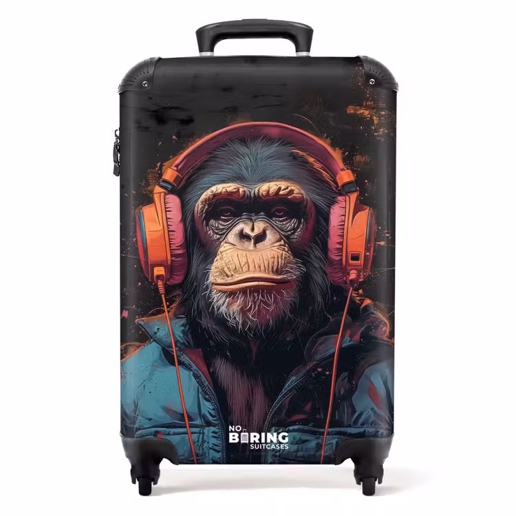 Koffer - Chimpansee met koptelefoon en blauwe jas — 1