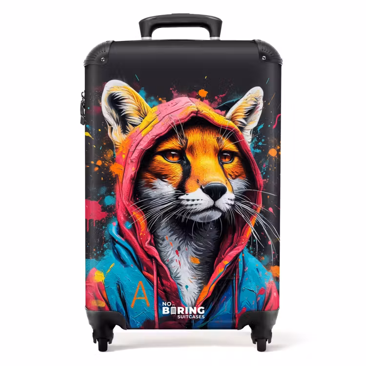 Koffer - Vos met roze en blauwe jas en verfspetters — 1