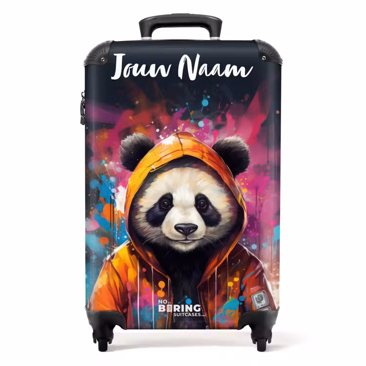 Koffer met naam - Panda met Oranje Jas en Verfspetters — 1