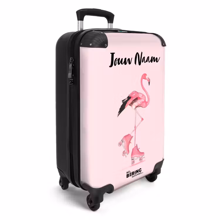 Koffer met naam - Roze rollerflamingo — 2