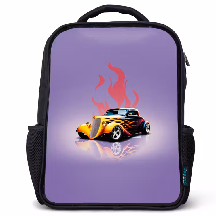 Kinderrugzak - Zwart - Gele auto met roze vlammen — 1