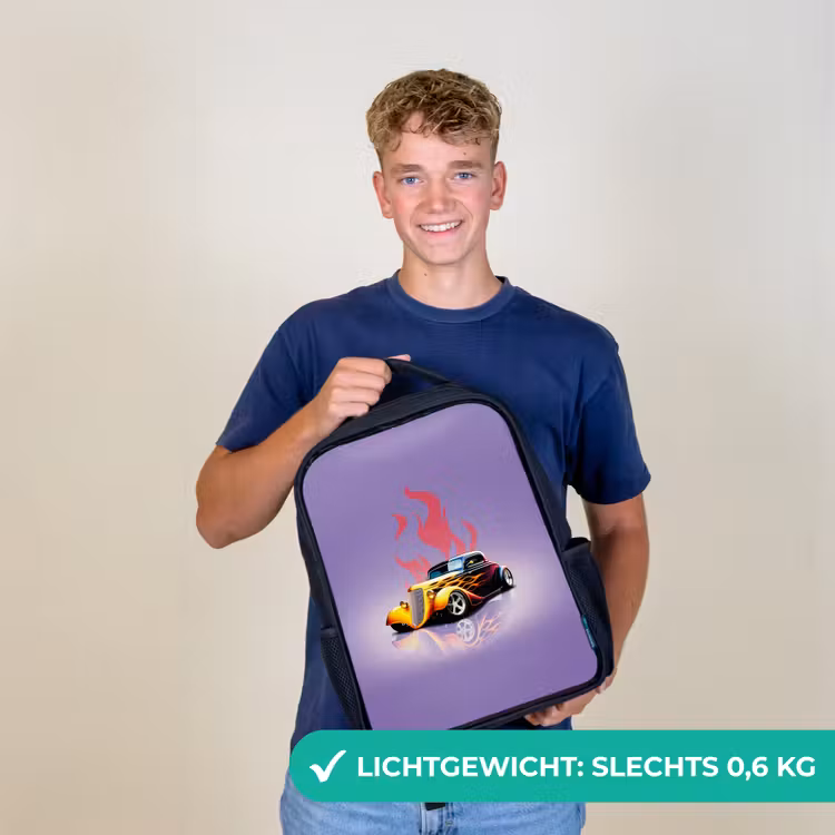 Kinderrugzak - Zwart - Gele auto met roze vlammen — 2