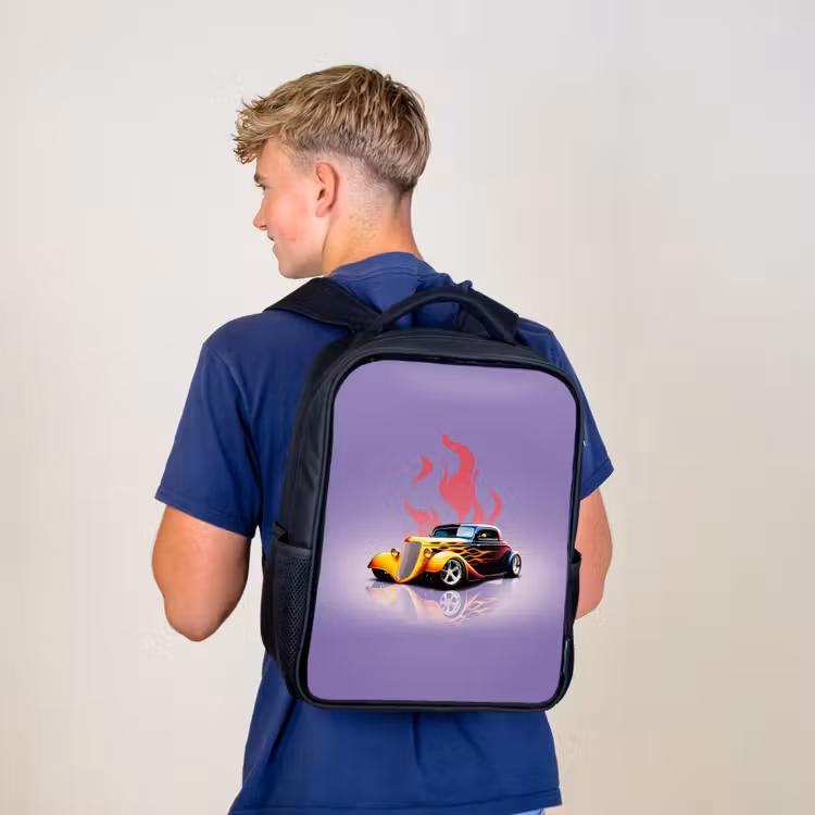 Kinderrugzak - Zwart - Gele auto met roze vlammen — 6