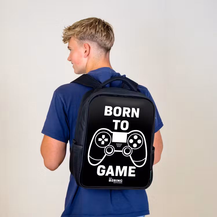 Kinderrugzak met naam - Zwart - Qoute met controller in zwart wit — 6