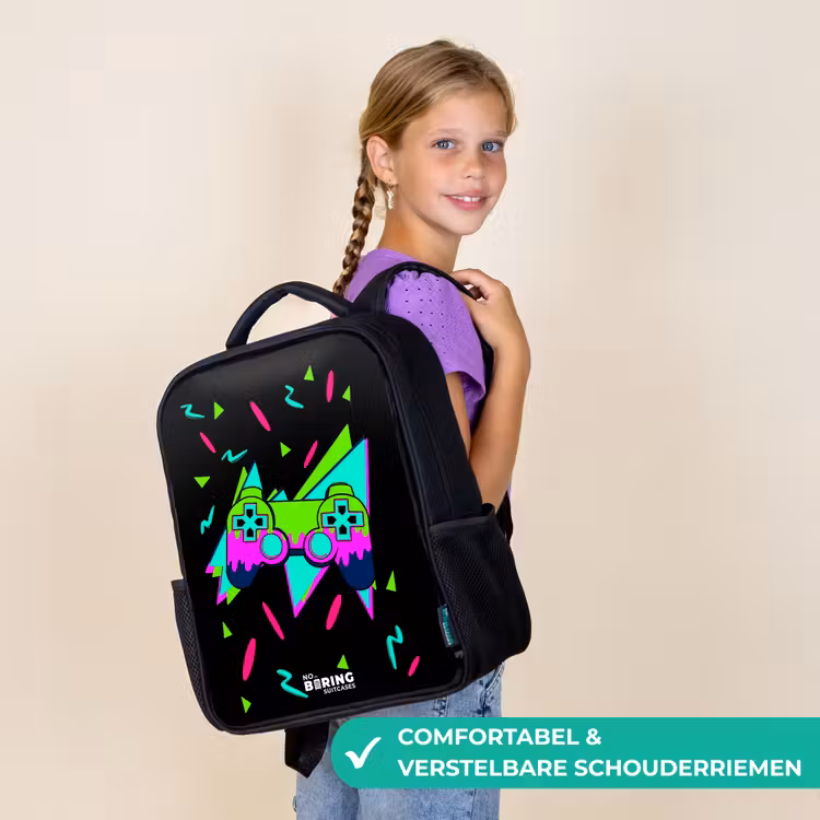 Kinderrugzak met naam - Zwart - Neon controller op zwart — 3