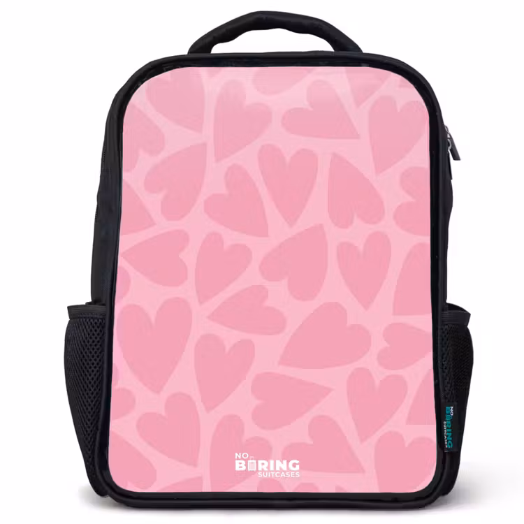 Kinderrugzak met naam - Zwart - Roze hartjes patroon — 1