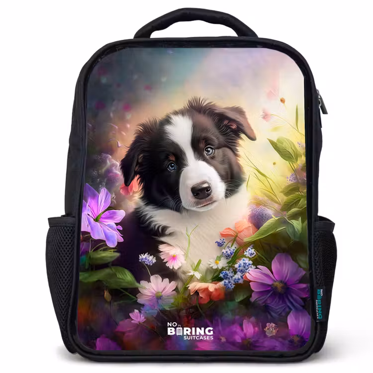 Kinderrugzak met naam - Zwart - Hond met blauwe ogen in een veld β 1