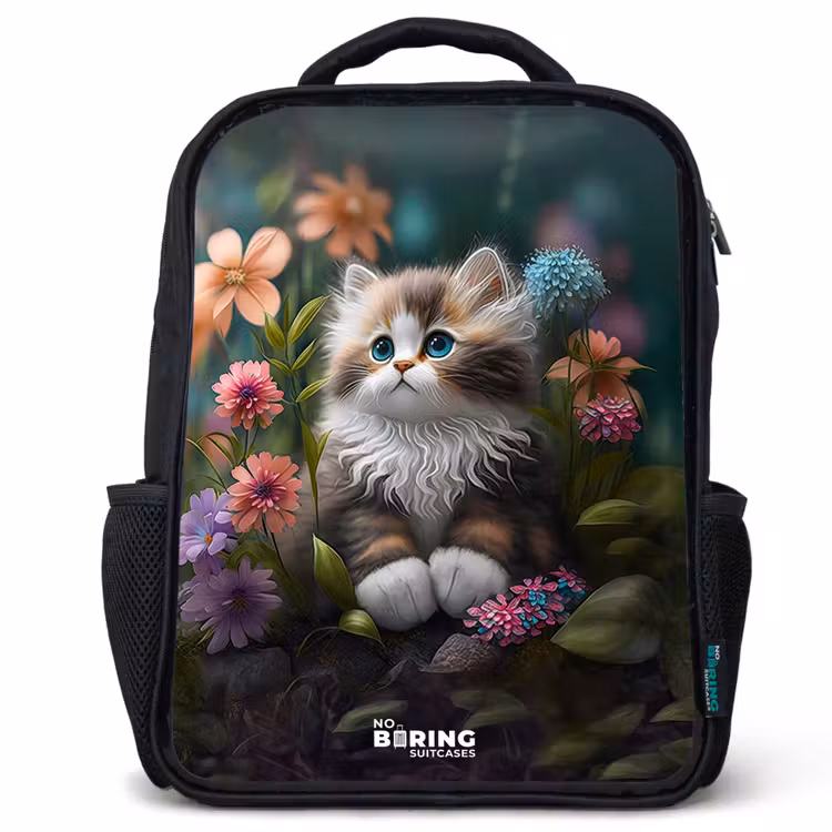 Kinderrugzak met naam - Zwart - Kitten tussen bloemen — 1