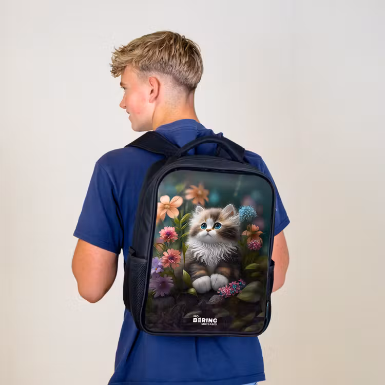 Kinderrugzak met naam - Zwart - Kitten tussen bloemen — 6