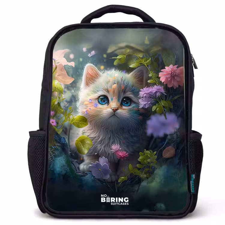 Kinderrugzak met naam - Zwart - Kitten verstopt achter bloemen β 1
