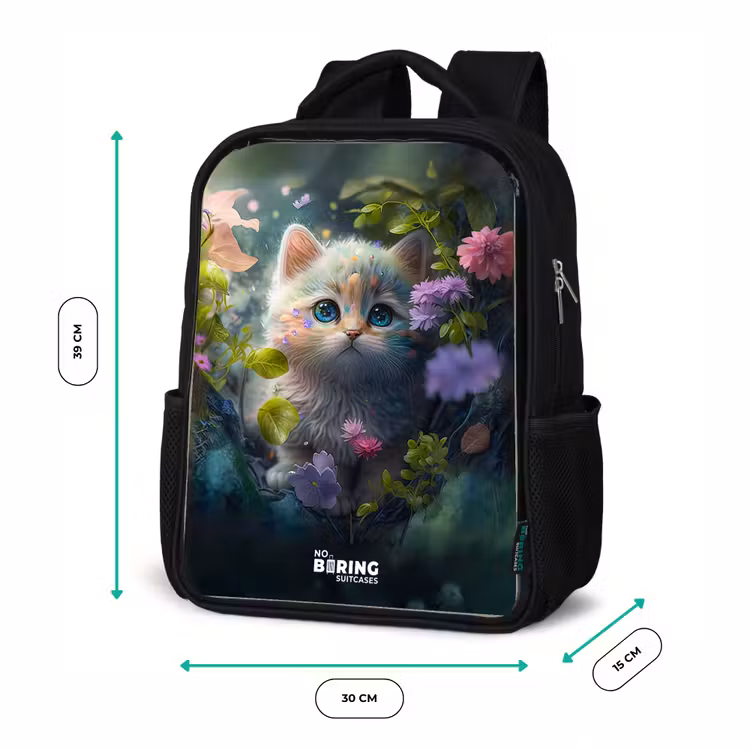 Kinderrugzak met naam - Zwart - Kitten verstopt achter bloemen β 5