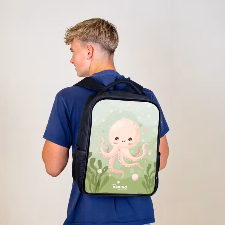 Kinderrugzak - Zwart - Roze octopus met een lach — 6