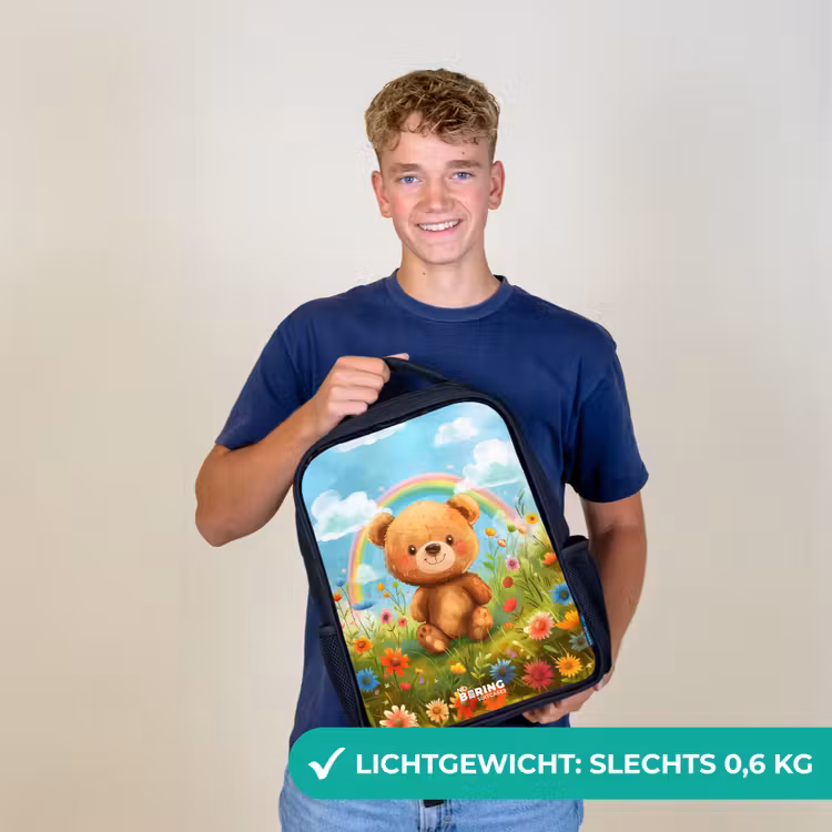 Kinderrugzak met naam - Zwart - Teddybeer tussen de bloemen — 2