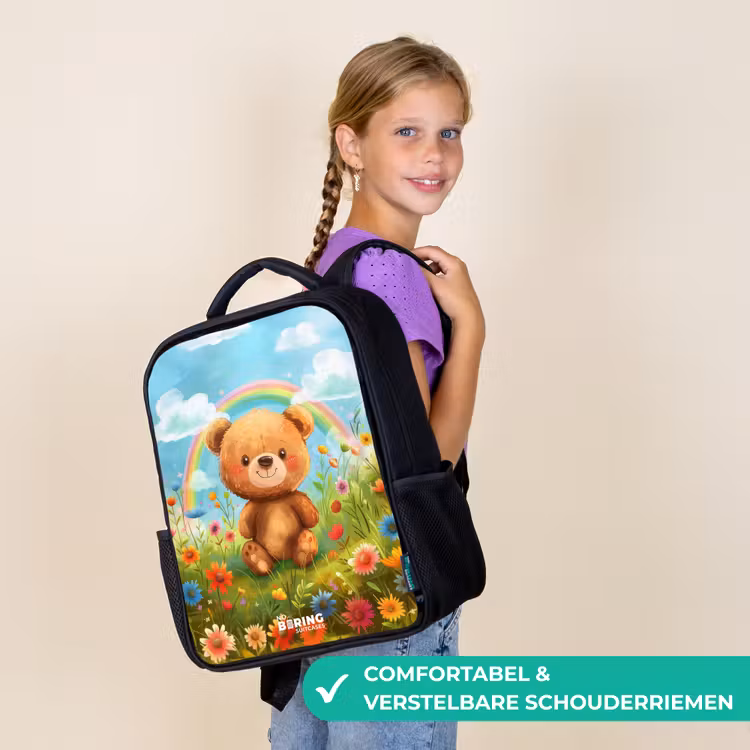 Kinderrugzak met naam - Zwart - Teddybeer tussen de bloemen — 3