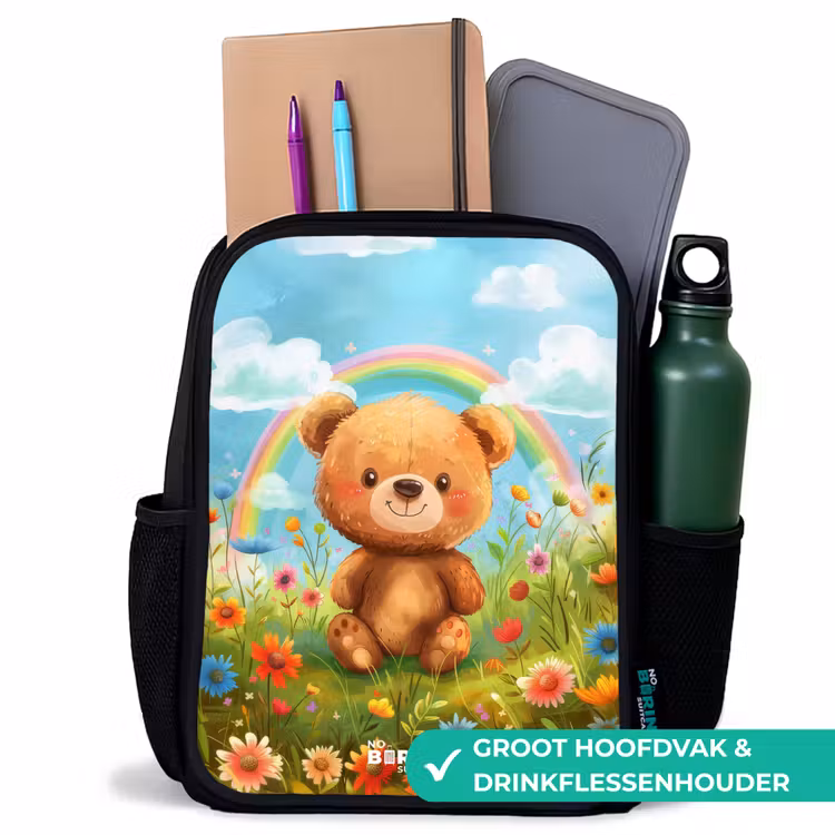 Kinderrugzak met naam - Zwart - Teddybeer tussen de bloemen — 4