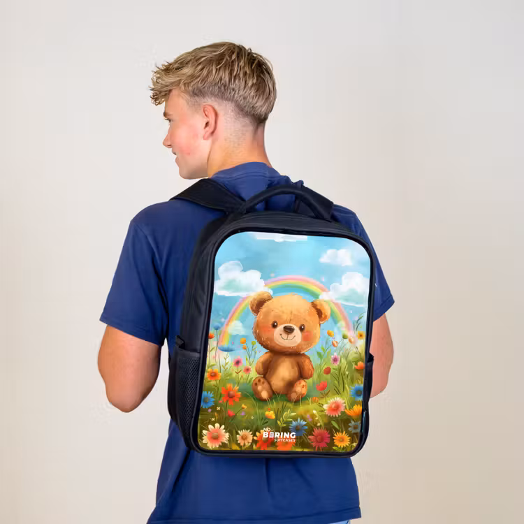 Kinderrugzak met naam - Zwart - Teddybeer tussen de bloemen — 6