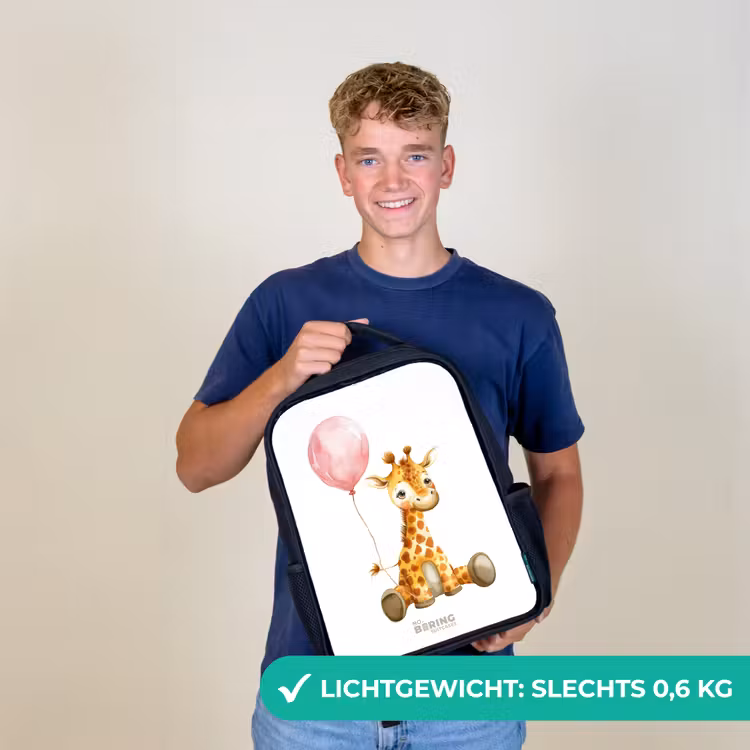 Kinderrugzak met naam - Zwart - Giraffe met roze ballon — 2