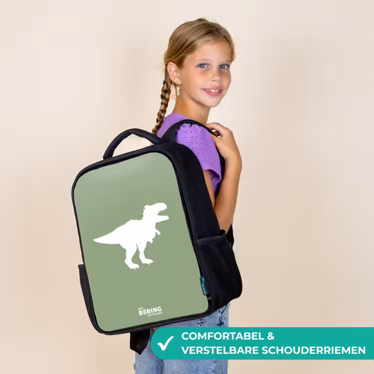 Kinderrugzak met naam - Zwart - Groen met T-rex dino — 3