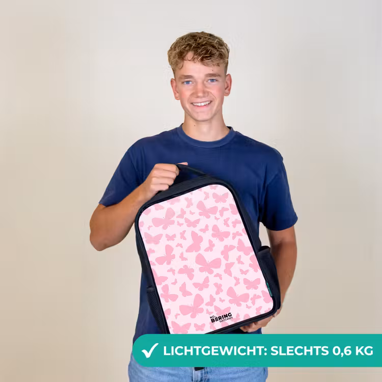 Kinderrugzak met naam - Zwart - Roze vlinders — 2