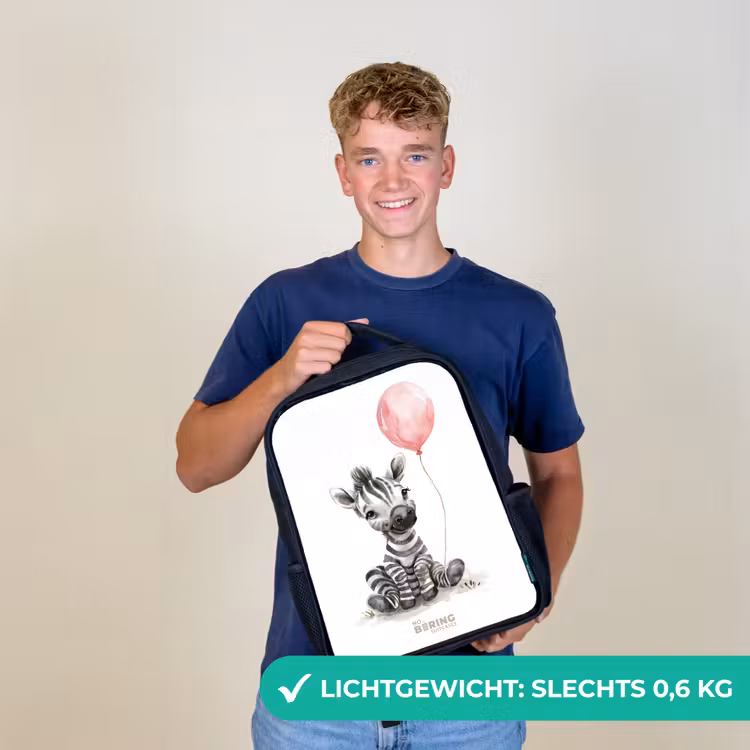 Kinderrugzak met naam - Zwart - Zebra met roze ballon β 2