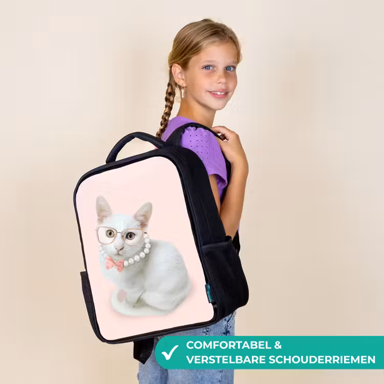 Kinderrugzak - Zwart - Kat - Parels - Bril - Roze — 3
