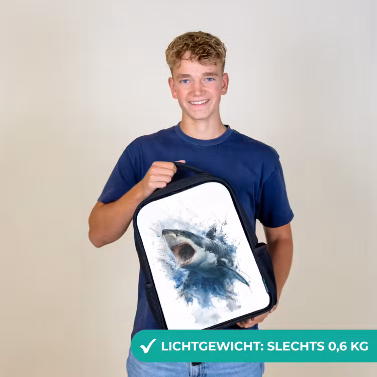 Kinderrugzak - Zwart - Uitspringende haai met opengesperde bek in aquarelstijl β 2