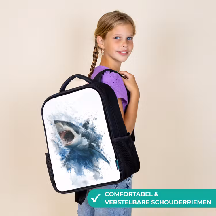 Kinderrugzak - Zwart - Uitspringende haai met opengesperde bek in aquarelstijl β 3