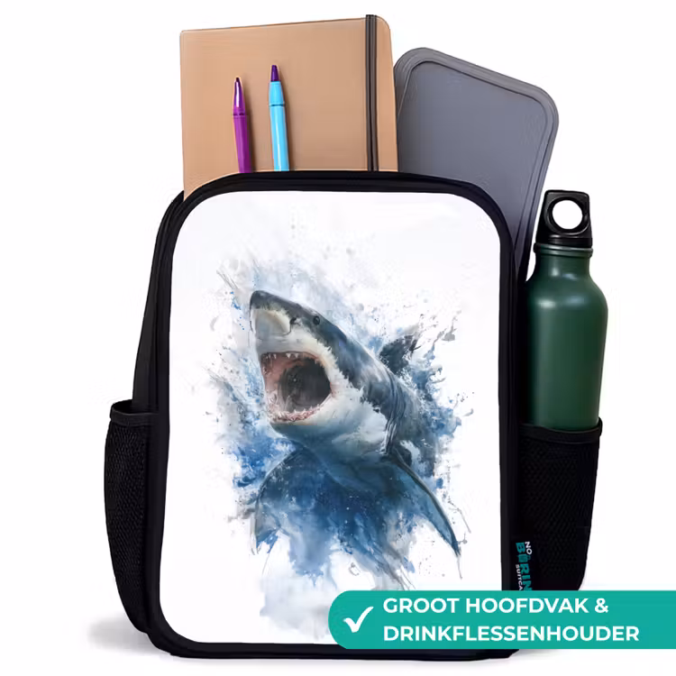 Kinderrugzak - Zwart - Uitspringende haai met opengesperde bek in aquarelstijl β 4