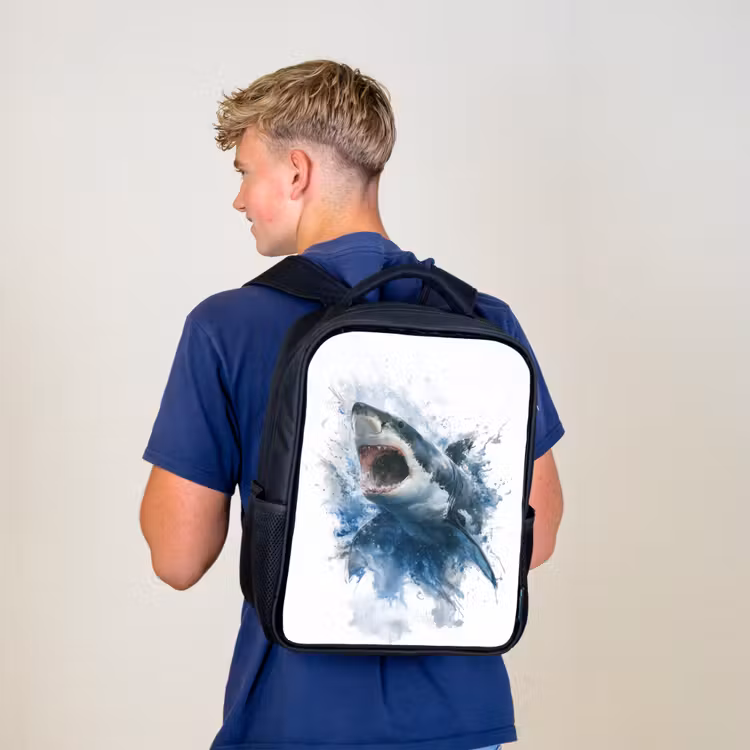 Kinderrugzak - Zwart - Uitspringende haai met opengesperde bek in aquarelstijl β 6