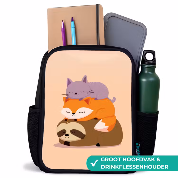 Kinderrugzak - Zwart - Luiaard - Vos - Kat - Slaperig — 4
