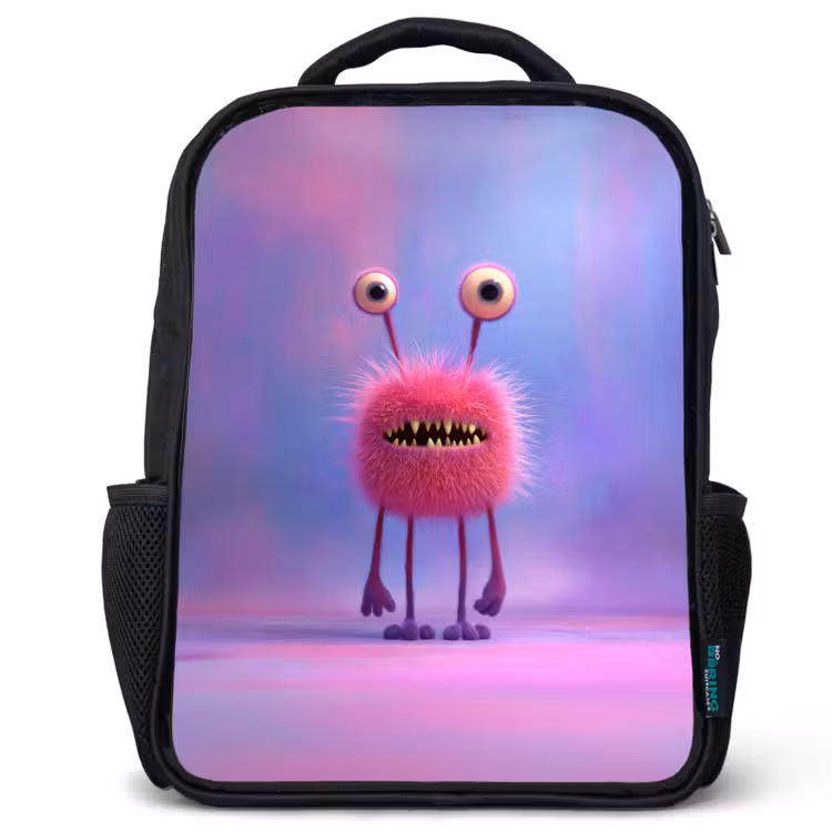 Kinderrugzak - Zwart - Pluizig roze monster met priemende ogen en scherpe tanden — 1