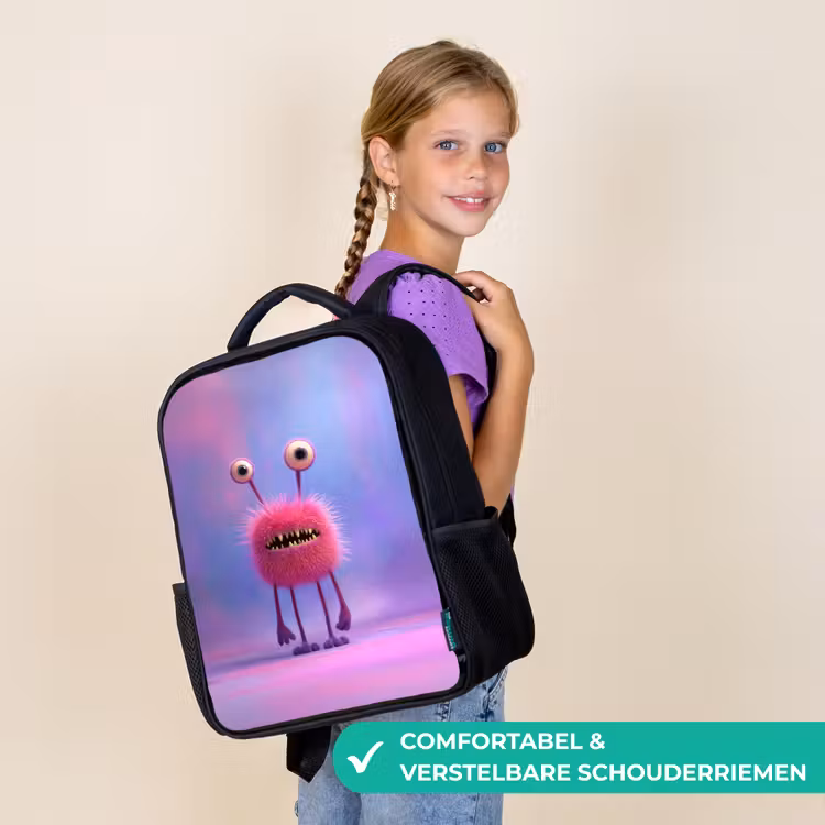 Kinderrugzak - Zwart - Pluizig roze monster met priemende ogen en scherpe tanden — 3