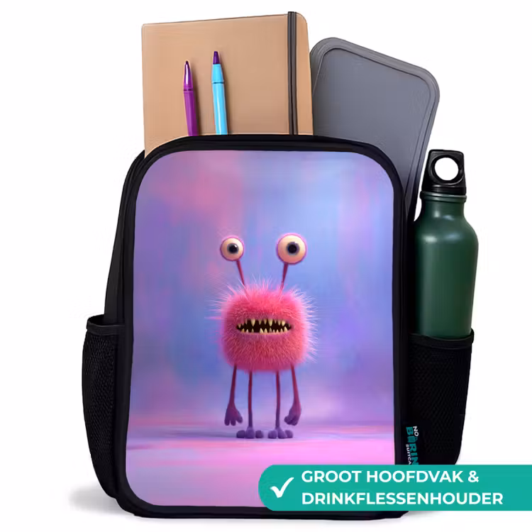 Kinderrugzak - Zwart - Pluizig roze monster met priemende ogen en scherpe tanden — 4