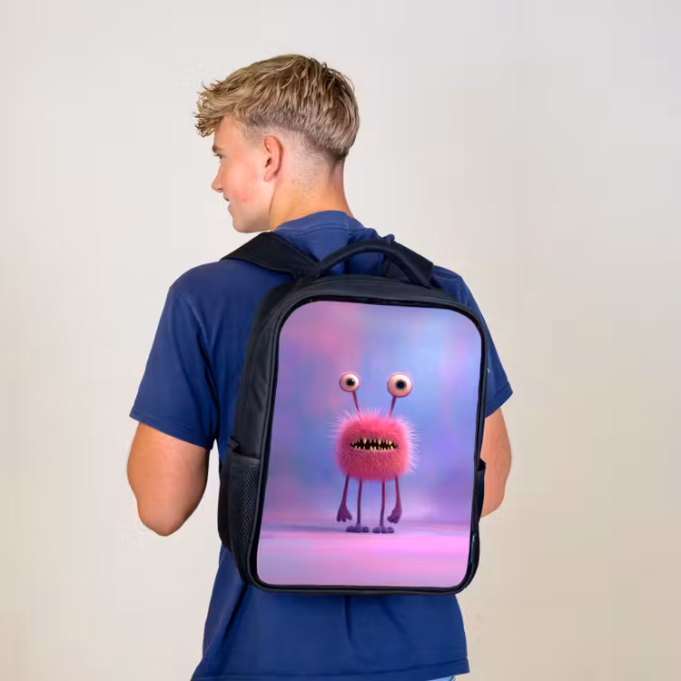 Kinderrugzak - Zwart - Pluizig roze monster met priemende ogen en scherpe tanden — 6
