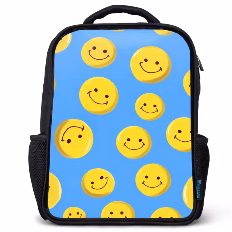 Kinderrugzak - Zwart - Vrolijke smileyregen op blauwe achtergrond â 1