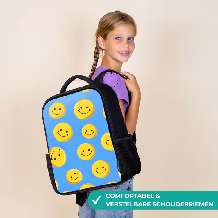 Kinderrugzak - Zwart - Vrolijke smileyregen op blauwe achtergrond â 3
