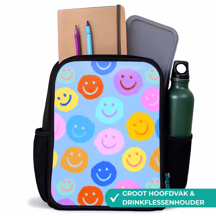 Kinderrugzak - Zwart - Verfachtige smileycollage op lichtblauw β 4
