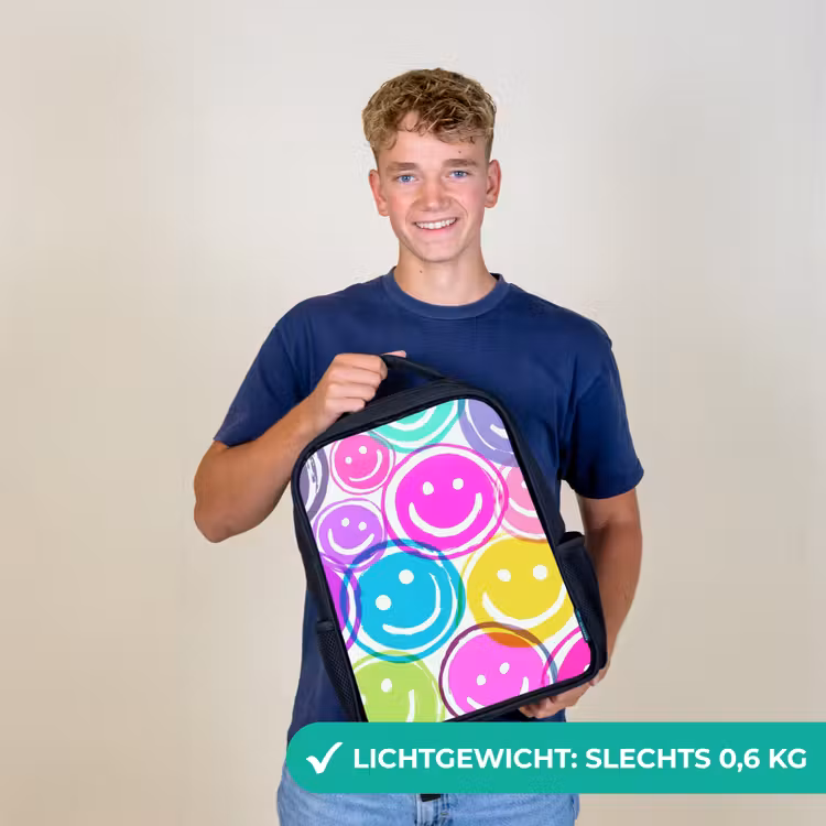 Kinderrugzak - Zwart - Kleurrijke glimlachexplosie op wit canvas — 2