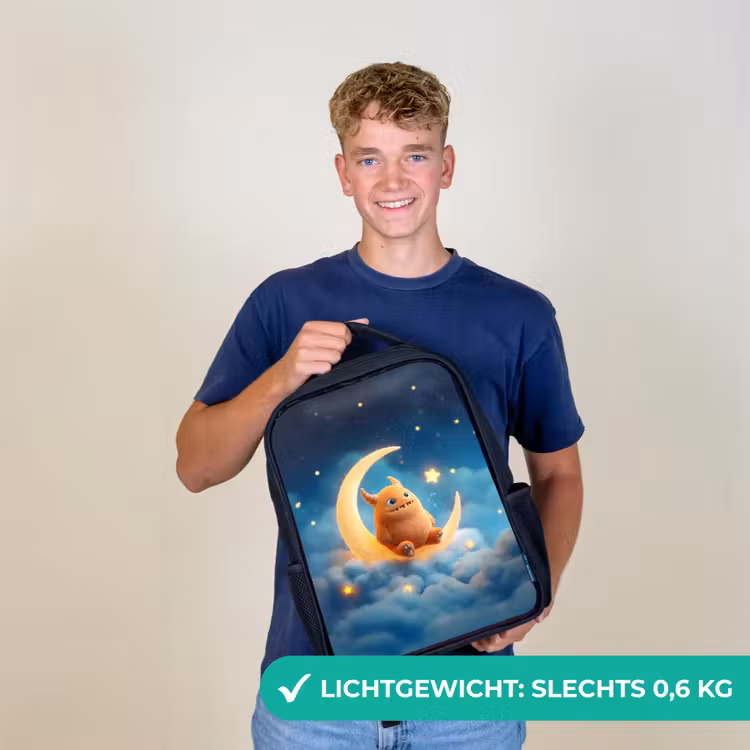Kinderrugzak - Zwart - Oranje knuffelmonster op een glinsterende maan — 2