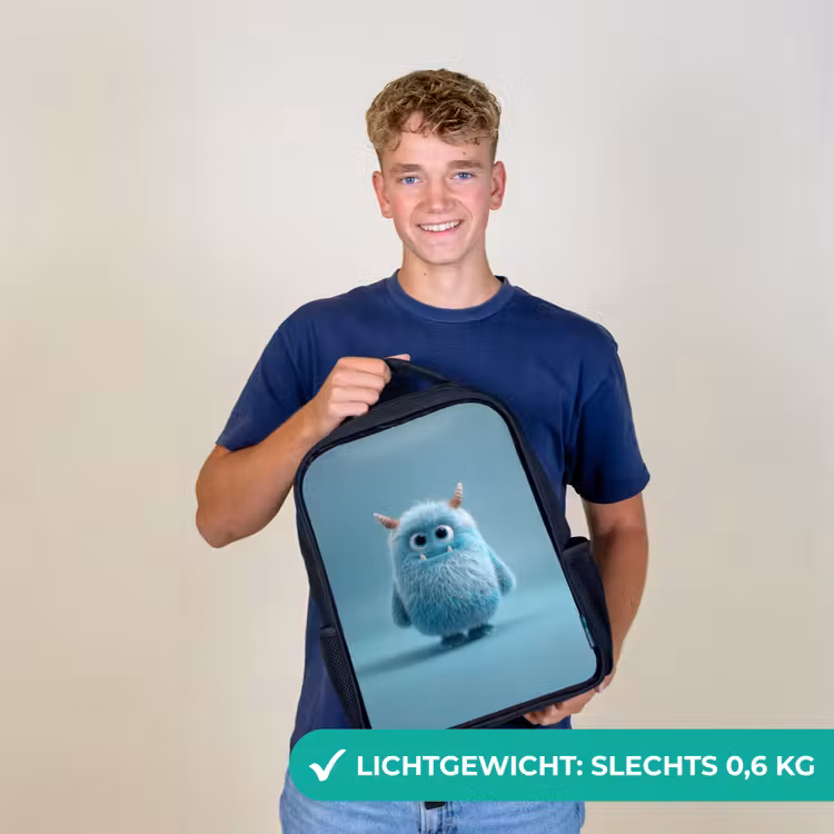 Kinderrugzak - Zwart - Zacht pluizig monster met hoorns en grote ogen — 2
