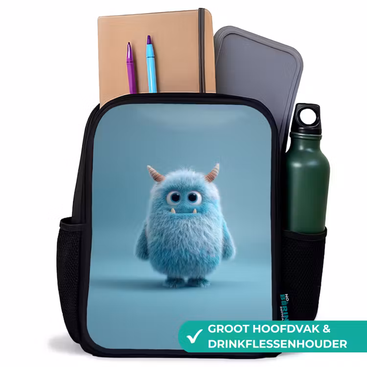 Kinderrugzak - Zwart - Zacht pluizig monster met hoorns en grote ogen — 4