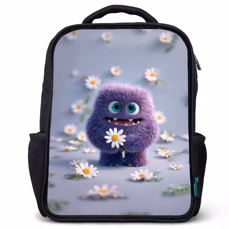 Kinderrugzak - Zwart - Lief paars pluismonster met madeliefje — 1