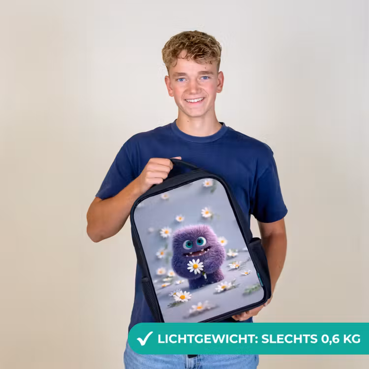 Kinderrugzak - Zwart - Lief paars pluismonster met madeliefje — 2