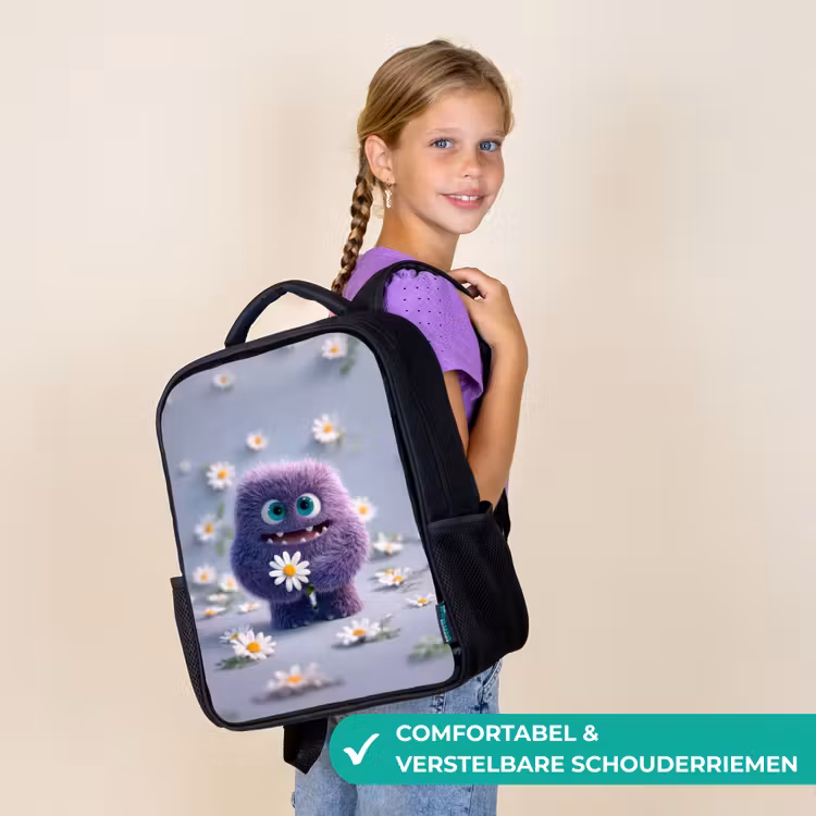 Kinderrugzak - Zwart - Lief paars pluismonster met madeliefje — 3