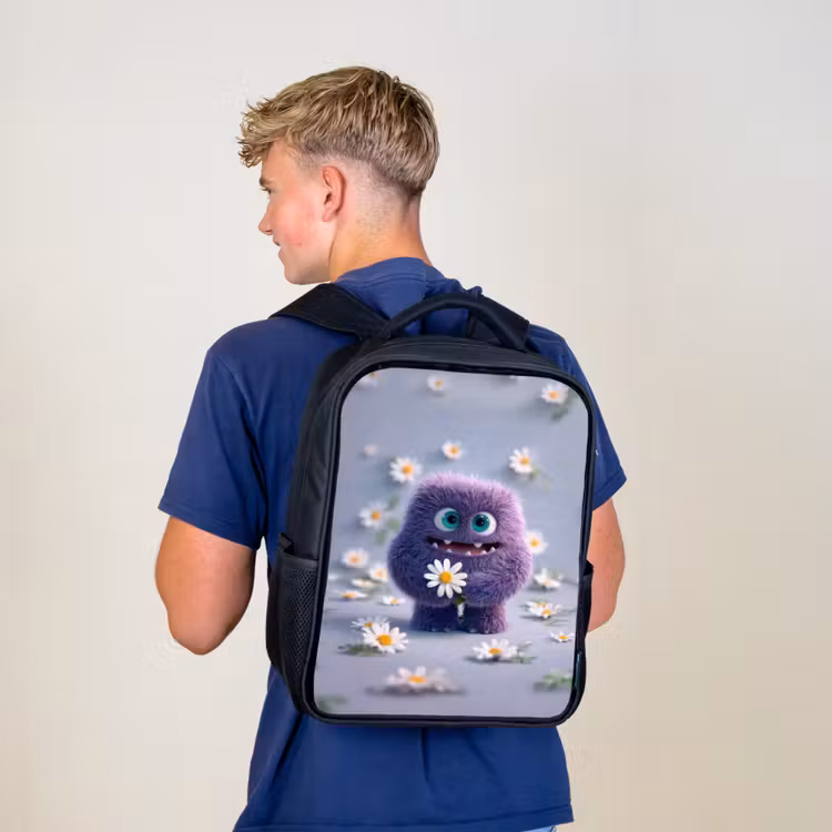 Kinderrugzak - Zwart - Lief paars pluismonster met madeliefje — 6